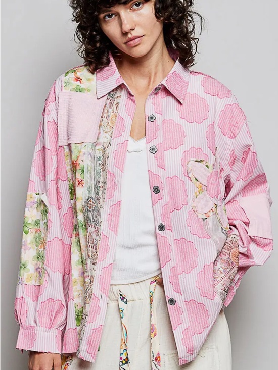 POL Jackets & Blazers - POL Pink Floral Patchwork Shirt/Jacket